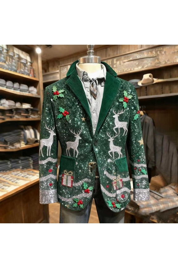 Pituace Mens Corduroy Christmas Jacket Casual One Button Holiday Party Blazer Sport Coats Ugly Xmas Print Suit Jacket
