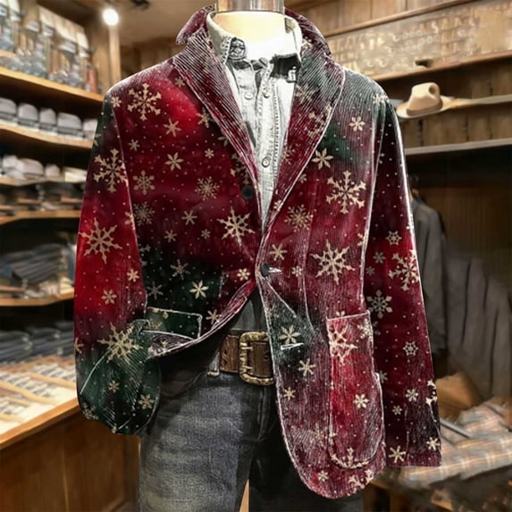 Pituace Mens Corduroy Christmas Jacket Casual One Button Holiday Party Blazer Sport Coats Ugly Xmas Print Suit Jacket