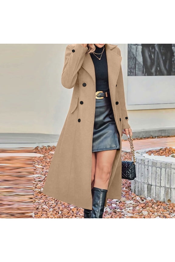 Miqool Womens Double Breasted Long Trench Coat Wool Blend Slim Fit Pea Coat Classic Business Casual Overcoat