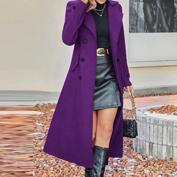 Miqool Womens Double Breasted Long Trench Coat Wool Blend Slim Fit Pea Coat Classic Business Casual Overcoat