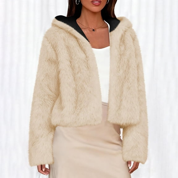 Miqool Womens Faux Fur Hooded Jacket Open Front Cropped Cardigan Shaggy Short Coat Winter Outerwear