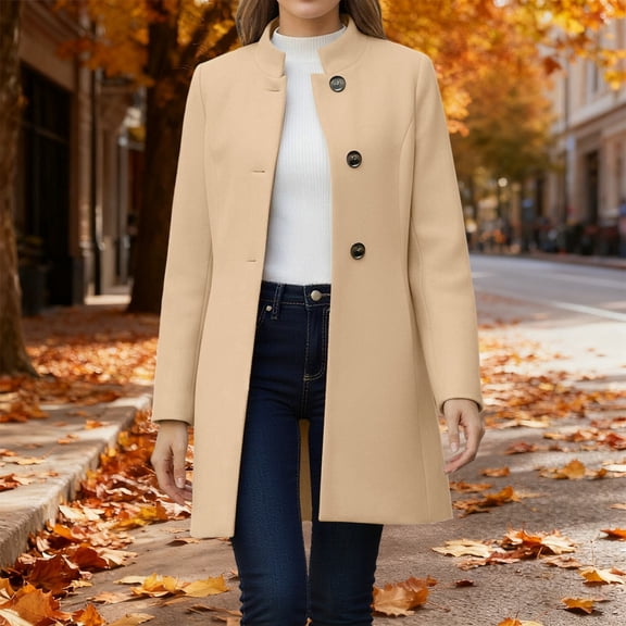 Miqool Womens Wool Trench Coat Stand Collar Single Breasted Pea Coat Dressy Casual Mid Length Overcoat