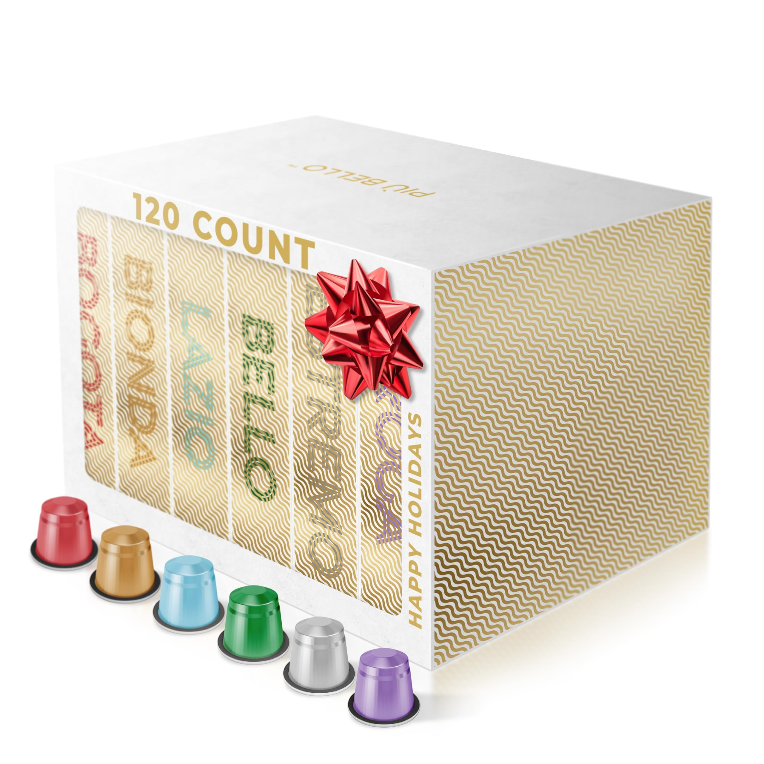 Piu Bello Espresso Coffee Pods – Variety Pack for Nespresso Original Machines – Light Roast, Dark Roast, Chocolate, Nutty, Caramel – Kosher, Rich & Balanced (120 Count, 6 Flavors)