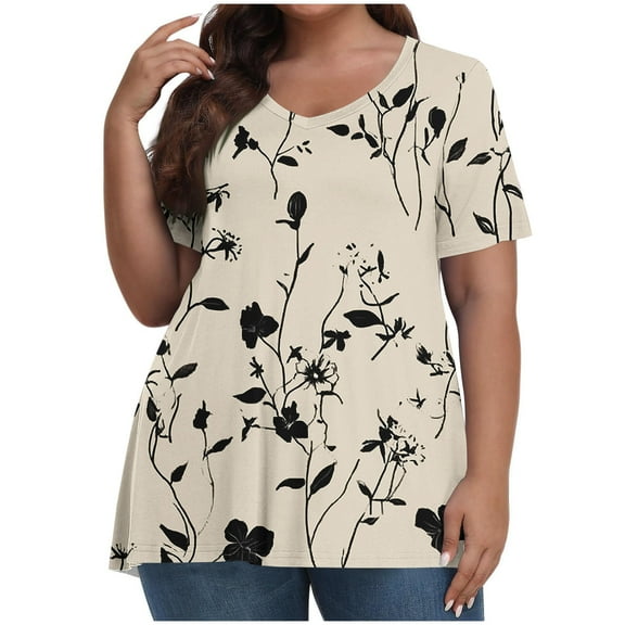Pius Size Tops for Women Summer Casual V Neck Floral Printed Short Sleeve Shirts Fashion Loose Blouse Xl-5xl (5XL, Beige)