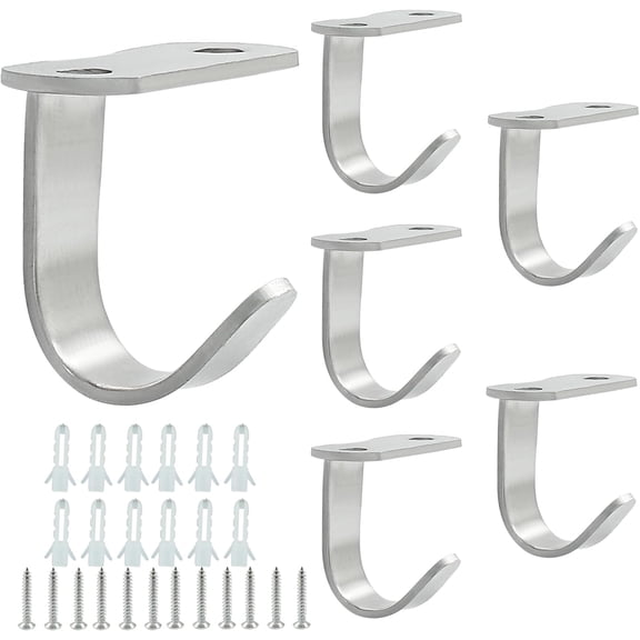 Piutouyar 6 Pack Silver Screw Mounted Ceiling Hooks, Heavy Duty Under-Shelf Coat Hook, Stainless Steel Towel/Robe Clothes Hook Hanger for Cabinet, Kitchen, Cupboard, Bathroom