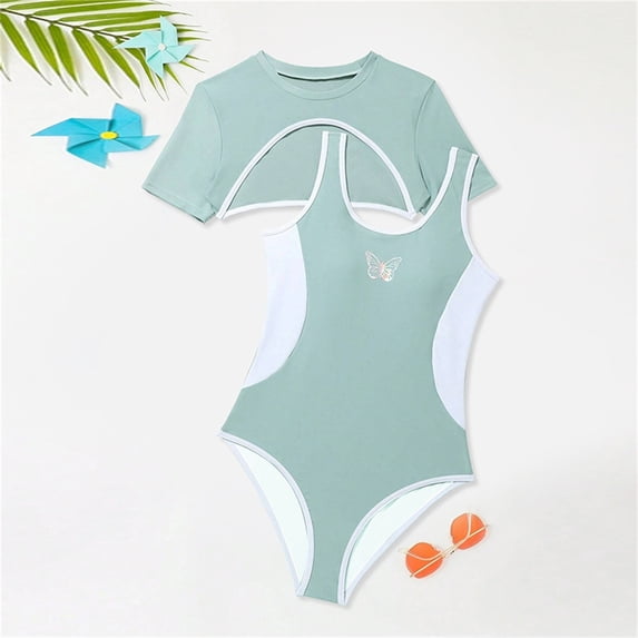 Piuwrlz 11-12 Years Teen Swimsuit Girls Swimming Suit 1 PC Bow-knot School Uniform T Shirt Green Size 11-12 Years