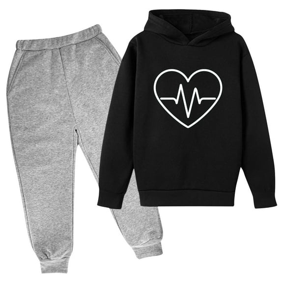Piuwrlz 2pcs Sets Sweatpants and SweatShirt Kids Girls Boys Hooded Jogger Set Printed Hood Activewear Set Black Size 3 Years