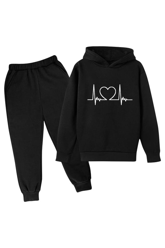2pcs Sets Sweatpants and SweatShirt Kids Girls Boys Hooded Jogger Set Printed Hood Activewear Set Black Size 4 Years