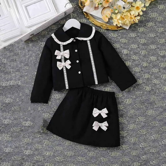 Piuwrlz Back to School Dress Sets for Schoolgirl Long Sleeved Jacket and Skirt Set Bow-knot Lapel Collar Skirts Suits Black Size 3 Years