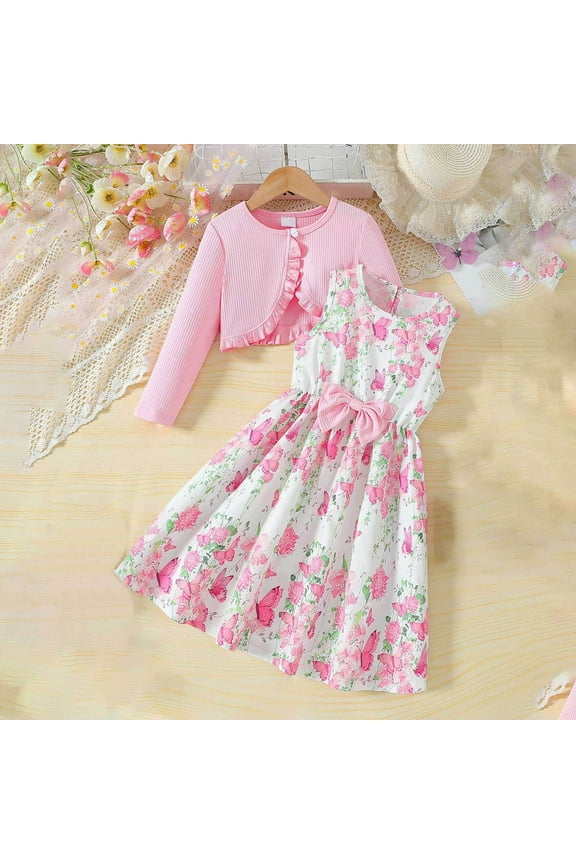 Back to School Dress Sets for Schoolgirl Long Sleeved Jacket and Skirt Set Bow-knot Printed Skirts Suits Pink Size 4 Years