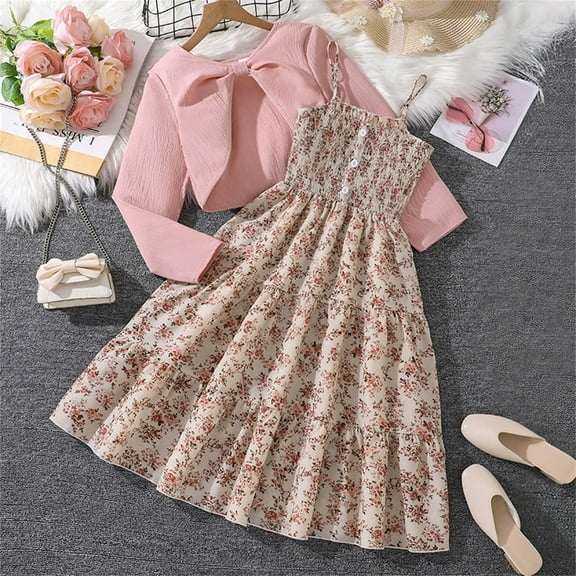Piuwrlz Back to School Dress Sets for Schoolgirl Long Sleeved Jacket and Skirt Set New Cardigan Printed Skirts Suits Pink Size 8 Years