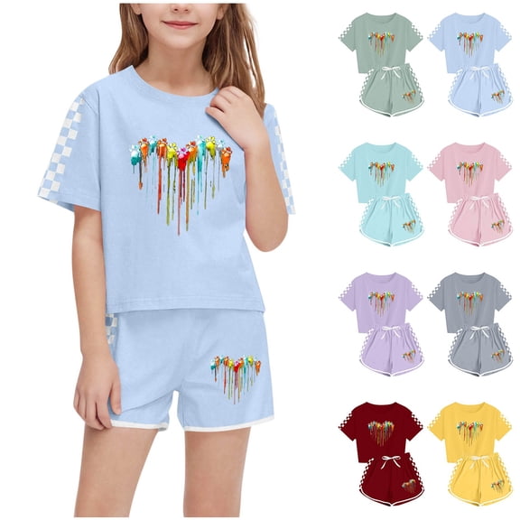 Piuwrlz Boys Girls Short Sets Kids Summer Outfit Set Printed Round Neck Tight Shirt T-Shirt and Shorts Set Purple Size 10 Years