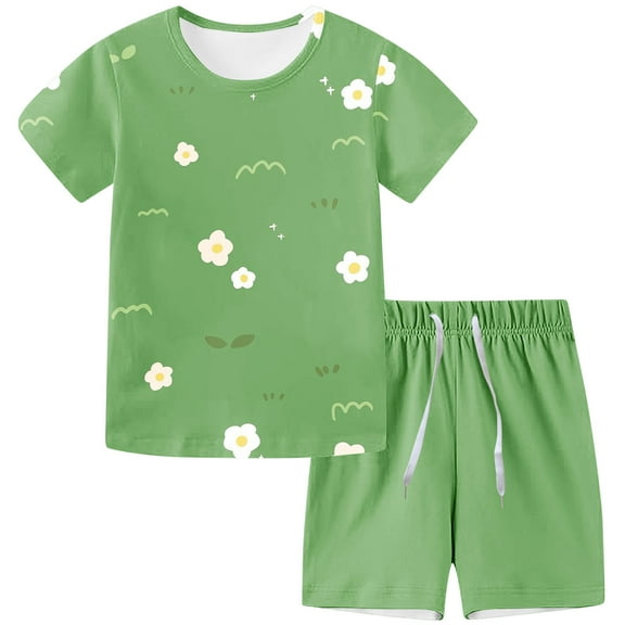 Piuwrlz Boys Girls Short Sets Kids Summer Outfit Set Printed T-Shirt and Shorts Set Green Size 8-9 Years