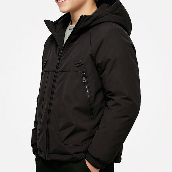 Piuwrlz Boys Hood Padded Jacket Boy Cotton Puffer Jacket with Zipper Long Sleeved Winter Coat Black Size 3T