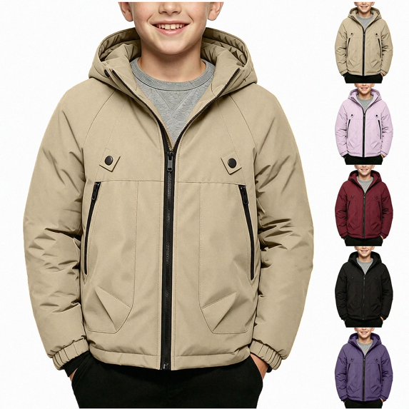 Piuwrlz Boys Hood Padded Jacket Boy Cotton Puffer Jacket with Zipper Long Sleeved Winter Coat Khaki Size 7