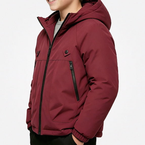 Piuwrlz Boys Hood Padded Jacket Boy Cotton Puffer Jacket with Zipper Long Sleeved Winter Coat Wine Size 7