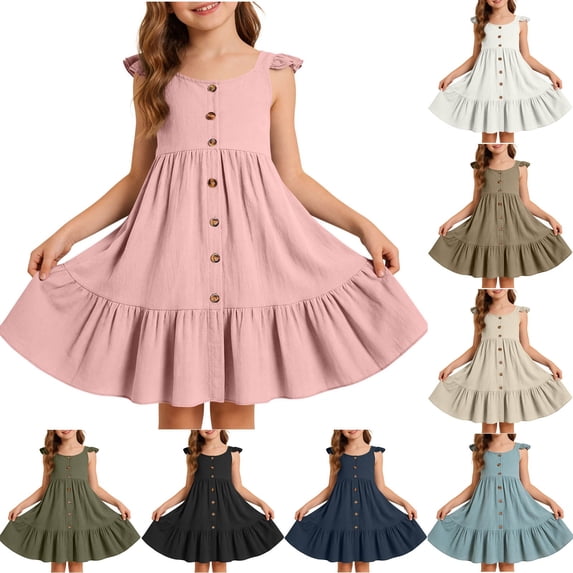 Piuwrlz Casual Play Dress for Girls Summer Plain Dresses Relaxed Fit Button Princess Skirts Navy Size 5-6 Years