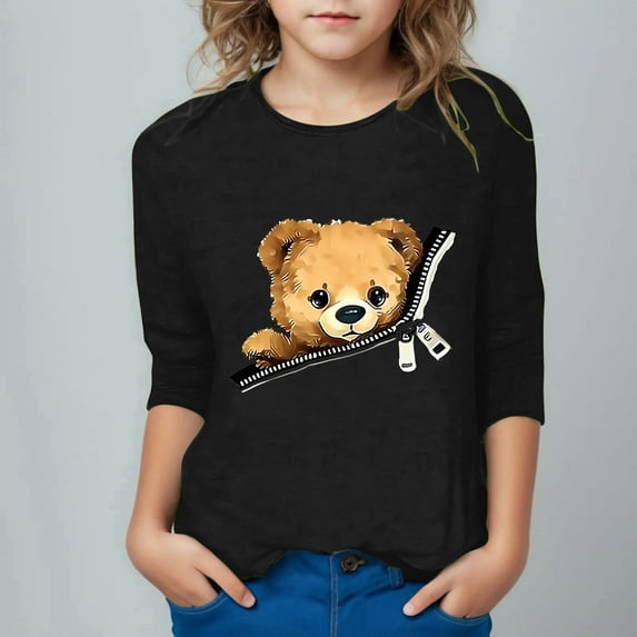 Piuwrlz Children Girls 3/4 Sleeve T-Shirts Summer Round Neck Casual Sweatshirts Printed Round Neck Shirt Tops Black Size 9 Years