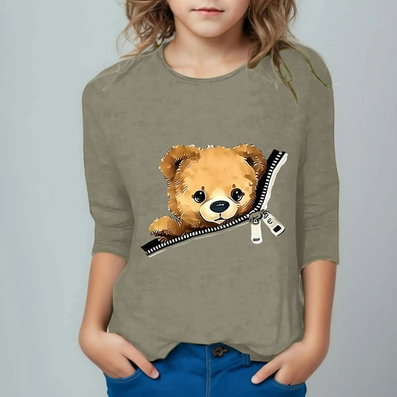 Piuwrlz Children Girls 3/4 Sleeve T-Shirts Summer Round Neck Casual Sweatshirts Printed Round Neck Shirt Tops Khaki Size 9 Years