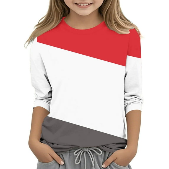 Piuwrlz Children Girls 3/4 Sleeve T-Shirts Summer Round Neck Casual Sweatshirts Printed Solid Color Round Neck Shirt Tops Red Size 7 Years