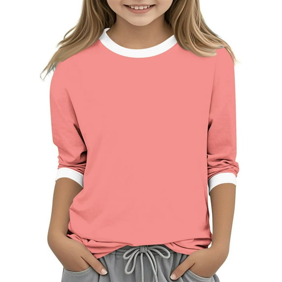 Piuwrlz Children Girls 3/4 Sleeve T-Shirts Summer Round Neck Casual Sweatshirts Solid Color Round Neck Shirt Tops Pink Size 4 Years
