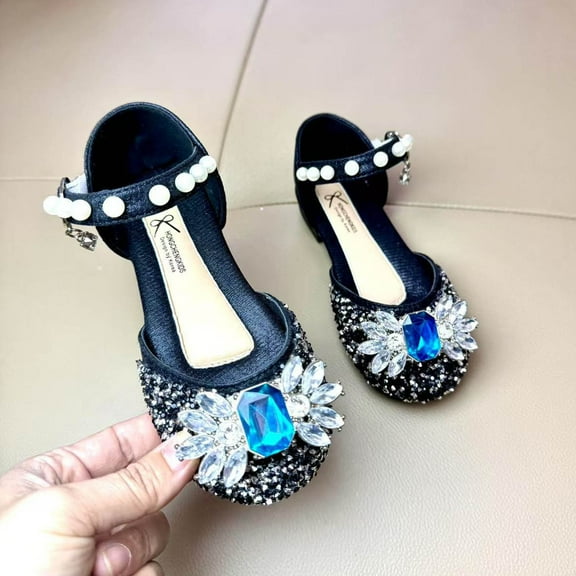 Piuwrlz Children's Closed Toe Sandals Girls Glitter Crystal Shoes Bow Lace-Up Dress Shoes Black Size 6 Months