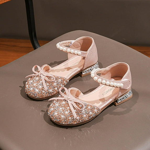Piuwrlz Children's Closed Toe Sandals Girls Glitter Crystal Shoes Lace-Up Dress Flats Pink Size 8 Years