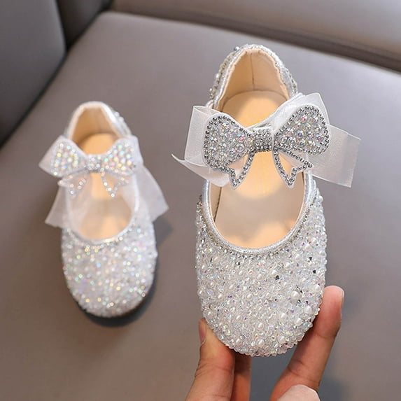 Piuwrlz Children's Closed Toe Shoe Girls Glitter Crystal Shoes Dance Flat Heel Dress Ballet Flats Silver Size 11 Years
