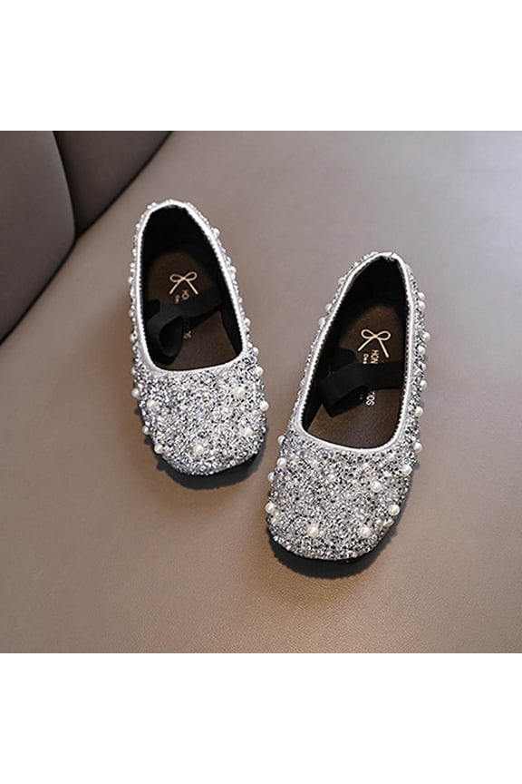 Children's Closed Toe Shoe Girls Glitter Crystal Shoes Elasticity Flat Heel Dress Ballet Flats Silver Size 6 Years