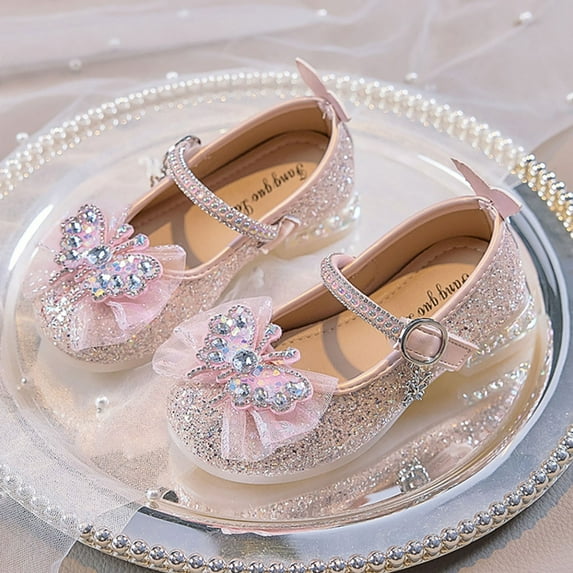 Piuwrlz Children's Closed Toe Shoe Girls Glitter Crystal Shoes Flat Heel New Dress Ballet Flats Pink Size 26