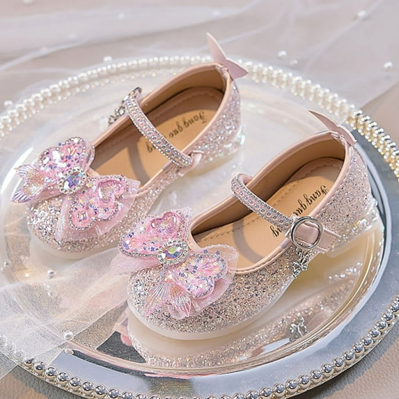 Piuwrlz Children's Closed Toe Shoe Girls Glitter Crystal Shoes Flat Heel New Dress Ballet Flats Pink Size 33