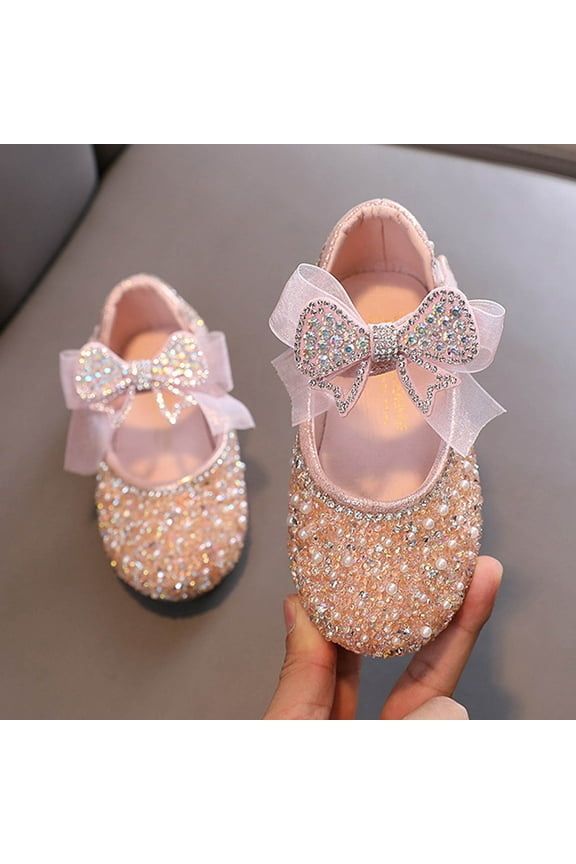 Children's Closed Toe Shoe Girls Glitter Crystal Shoes Flat Heel Dance Dress Ballet Flats Pink Size 5 Years