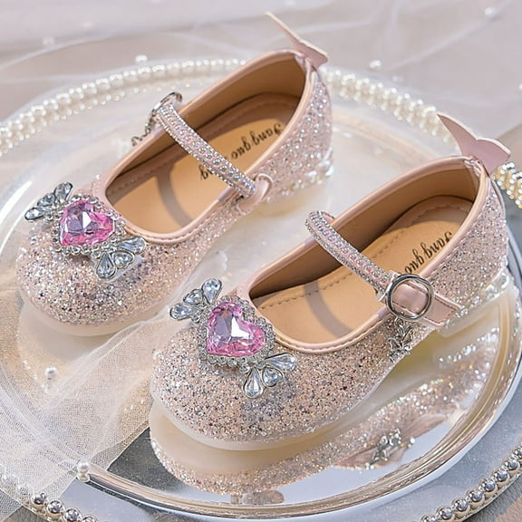 Piuwrlz Children's Closed Toe Shoe Girls Glitter Crystal Shoes Flat Heel New Dress Ballet Flats Pink Size 28