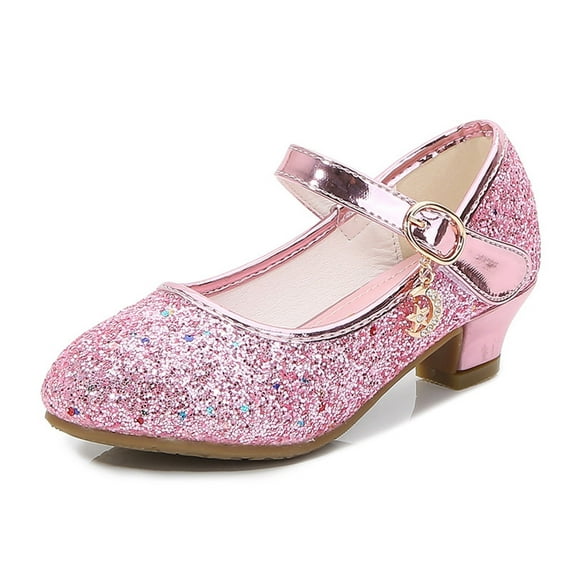 Piuwrlz Children's Closed Toe Shoe Girls Glitter Crystal Shoes Low Heel New Dance Dress Flats Pink Size 4 Years