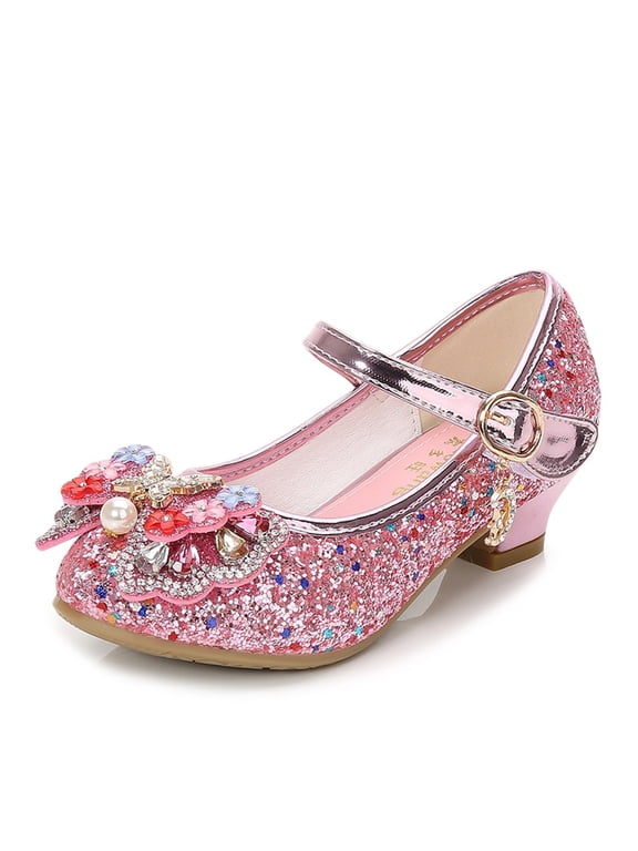 Children's Closed Toe Shoe Girls Glitter Crystal Shoes Low Heel New Dance Dress Flats Pink Size 4 Years