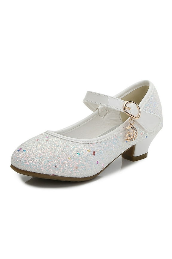 Children's Closed Toe Shoe Girls Glitter Crystal Shoes New Dance Low Heel Dress Flats White Size 10 Years