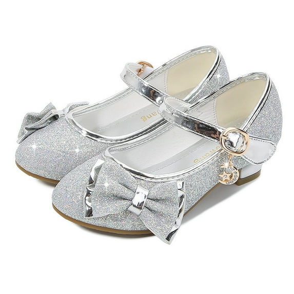 Piuwrlz Children's Closed Toe Shoe Girls Glitter Crystal Shoes New Low Heel Dress Flats Silver Size 11 Years