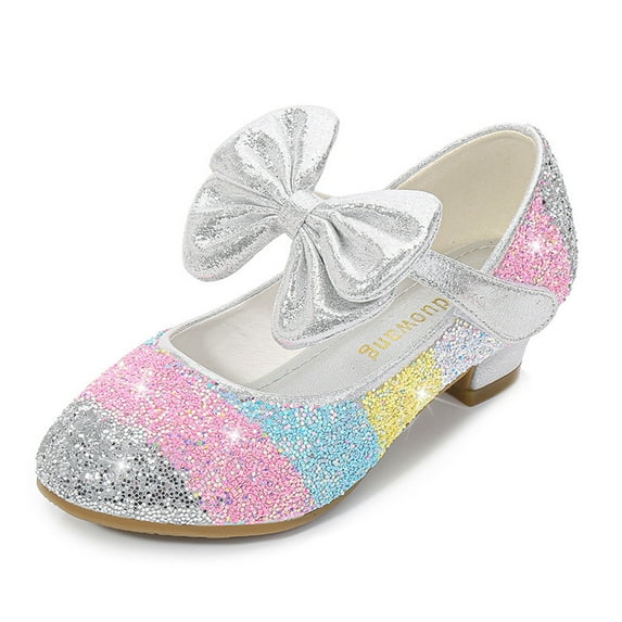 Piuwrlz Children's Closed Toe Shoe Girls Glitter Crystal Shoes New Low Heel Dress Flats Silver Size 8 Years