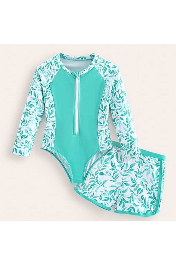 Children's Hawaiian Beach Swimwear for Girls Long Sleeved Swimsuits Sets Split Body Swimming Suit Printed Split Body Hawaiian shirt Bikinis Green Size 6-7 Years