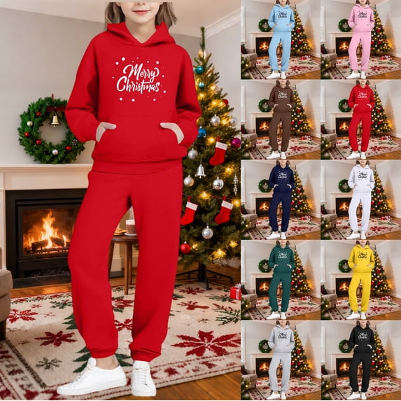 Piuwrlz Children's Sweatsuits Sets Girls Two Piece Jogger Set Pocket Christmas Round Neck Sweats and Sweatpants Green Size 5 Years