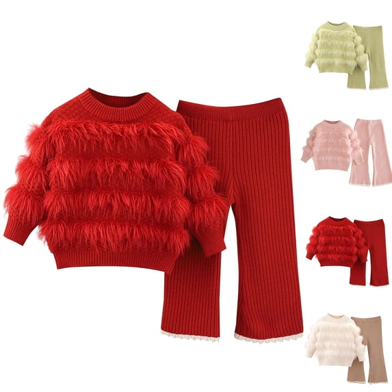 Piuwrlz Children's Sweatsuits Sets Girls Two Piece Jogger Set Round Neck Knitted Sweats and Sweatpants Pink Size 4 Years
