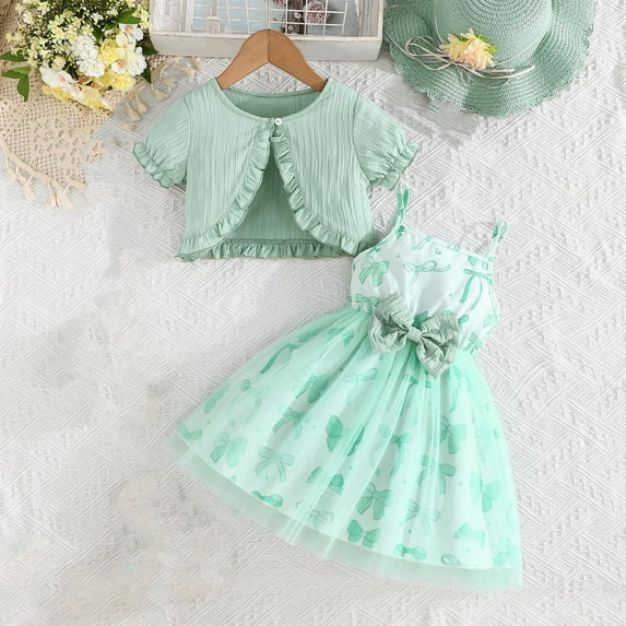 Piuwrlz Dress Sets for Schoolgirl Short Sleeved Jacket and Skirt Set Bow-knot Solid Color Printed Skirts Suits Green Size 8 Years