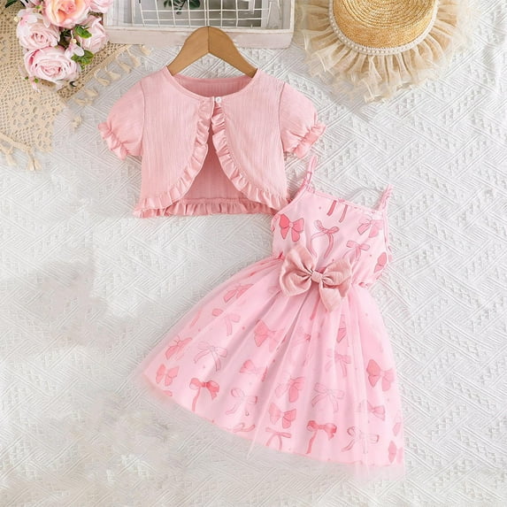 Piuwrlz Dress Sets for Schoolgirl Short Sleeved Jacket and Skirt Set Bow-knot Solid Color Printed Skirts Suits Pink Size 8 Years