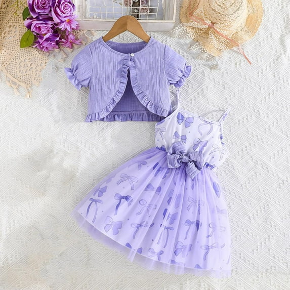Piuwrlz Dress Sets for Schoolgirl Short Sleeved Jacket and Skirt Set Bow-knot Solid Color Printed Skirts Suits Purple Size 4 Years