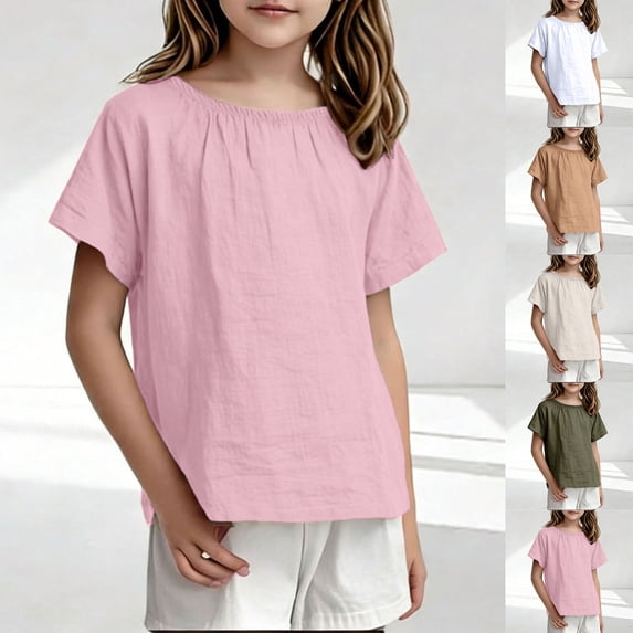 Piuwrlz Girl Plain Shirts Tops Girls Short T-Shirts Sleeve Comfortable Crew Neck Pullover Pink Size 2-3Years