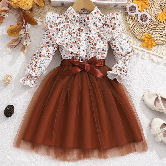Piuwrlz Girls 1PC Dresses Sets Girl Long Sleeve Tops and Mesh Skirt Sets Brown Size 5-6 Years