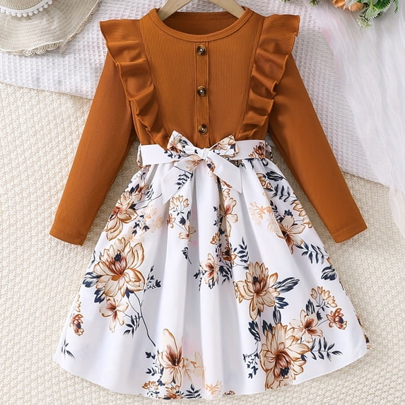 Piuwrlz Girls 1PC Pleated Skirt Sets Girl Long Sleeve Button Dresses Sets Brown Size 7 Years
