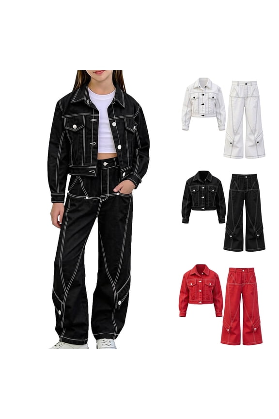 Girls 2PC Denim Like Sets Kids Plain Outfit Sets Jackets and Jeans White Size 3-4 T