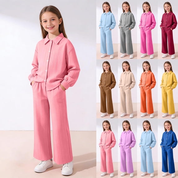 Piuwrlz Girls 2PC Sweatshirt Sets Kids Plain Outfit Sets Button Lapel Collar Sweatshirts and Pants Wine Size 10-11 Years