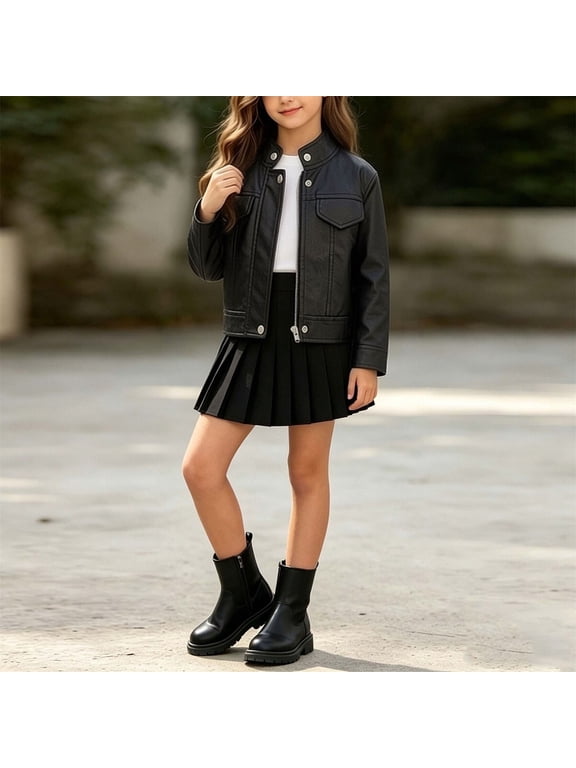 Girls Biker Jacket for Kids Zipper Leather Jackets Casual Outerwear Black Size 5-6 Years